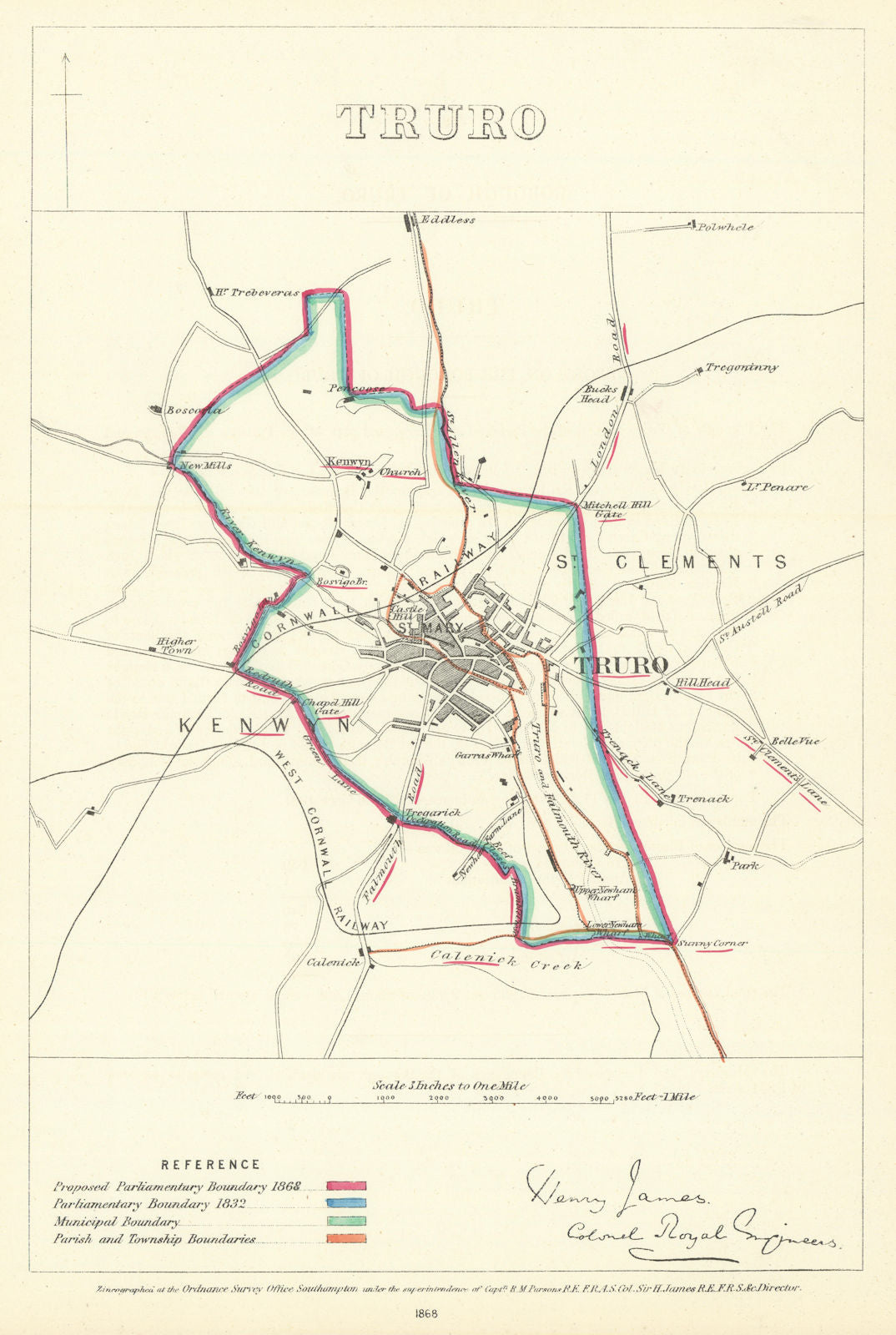 Truro, Cornwall. JAMES. Parliamentary Boundary Commission 1868 old antique map